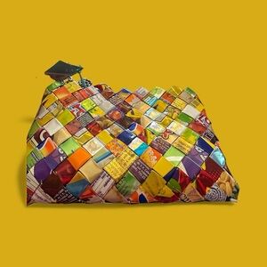 Colorful Woven Clutch made of gum, wrappers, etc. handmadr . 7" x 5" w strap